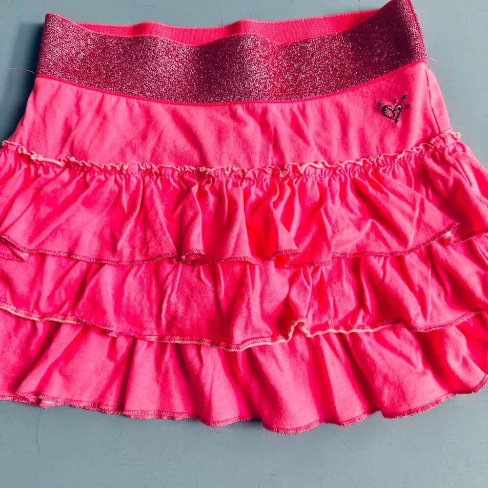 Justice Girls Size 8 Pink Ruffle Skort Sparkle Waist Tiered Skirt Shorts